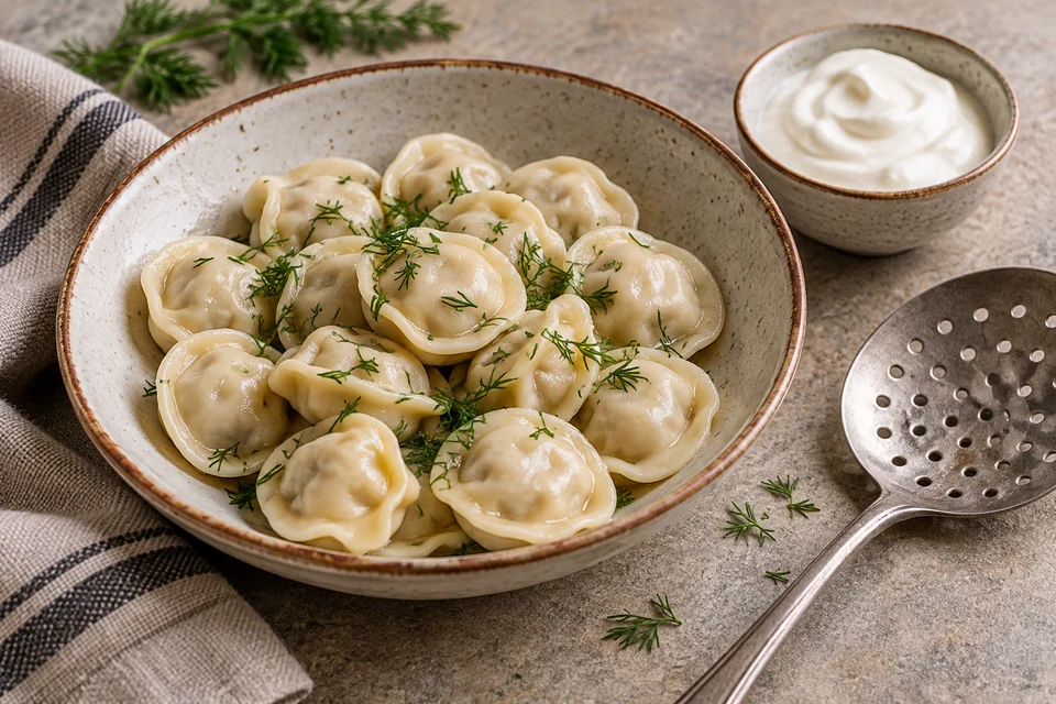 Пельмени в керамической миске, рядом сметана и шумовка
