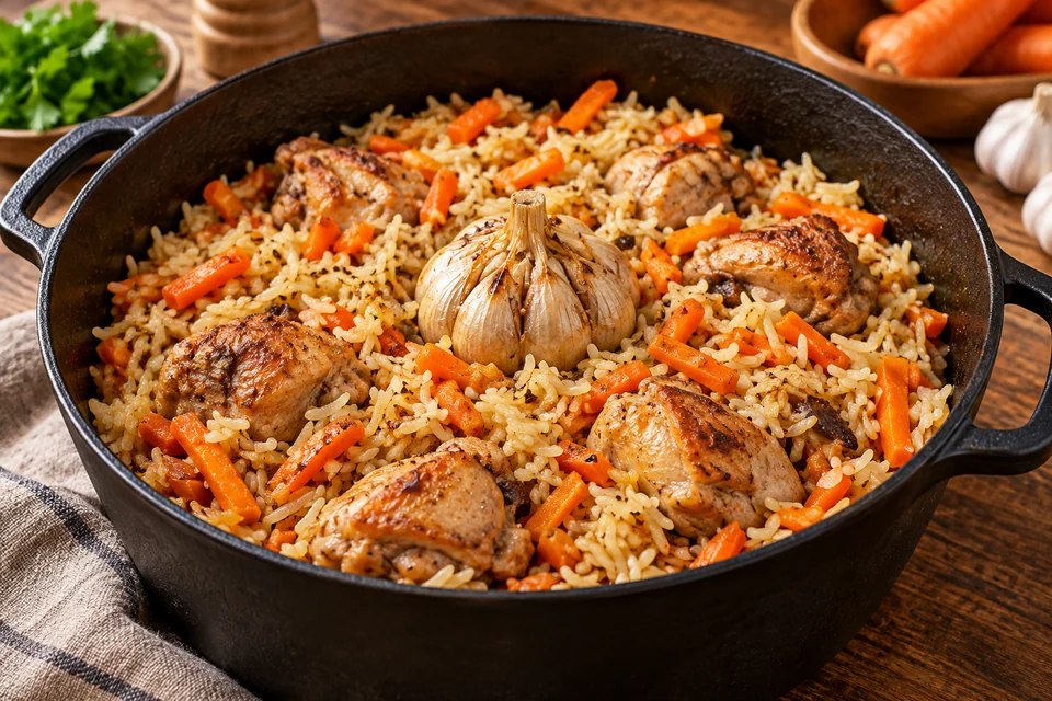 Плов с курицей, морковью и головкой чеснока в чёрной кастрюле